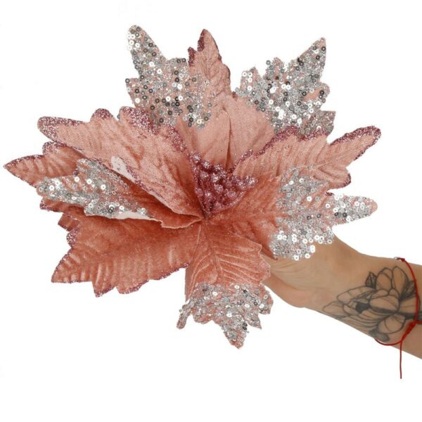 Set 5 ornamente pentru bradul de Craciun, stea Poinsettia, 26cm, roz argintiu - imagine 7