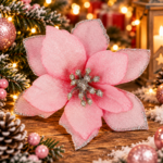 Set 10 ornamente pentru bradul de Craciun, stea Poinsettia, 13 cm, roz