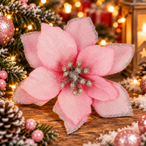 Set 10 ornamente pentru bradul de Craciun, stea Poinsettia, 13 cm, roz