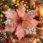Set 5 ornamente pentru bradul de Craciun, stea Poinsettia, 26cm, roz argintiu