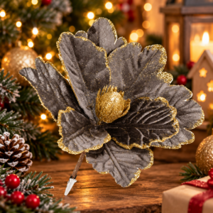 Set 5 ornamente pentru bradul de Craciun, stea Poinsettia, 23 cm, gri auriu