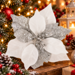 Set 5 ornamente pentru bradul de Craciun, stea Poinsettia, 23 cm, alb argintiu