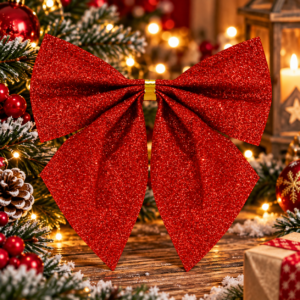 Set 3 ornamente pentru bradul de Craciun, fundita, 11 cm, rosu