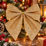 Set 3 ornamente pentru bradul de Craciun, fundita, 11 cm, auriu