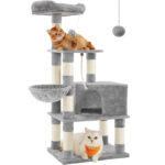 FEANDREA Ansamblu de joaca pentru pisici, tip copac, cu 2 culcusuri si ascunzatoare, 54x40x138cm, gri deschis