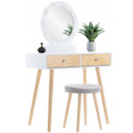 Set masa de toaleta si machiaj cu taburet, Scandinav, oglinda, iluminare LED, 75x45x130 cm, alba