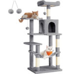 FEANDREA Ansamblu de joaca pentru pisici, tip copac, cu 1 culcus, 1 hamac si ascunzatoare, 55x45x143cm, gri deschis