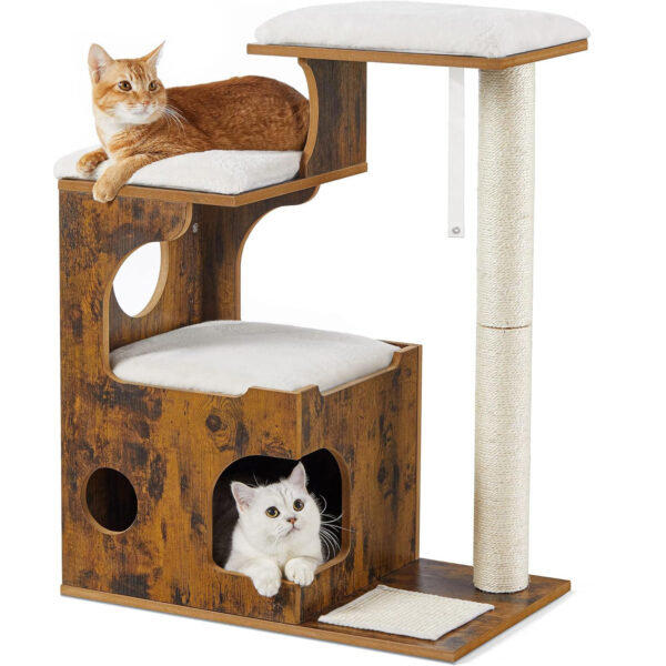 FEANDREA Ansamblu de joaca pentru pisici, tip mobilier, MDF, cu 3 culcusuri si ascunzatoare, 66x40x86cm, maro rustic - imagine 3