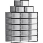 SONGMICS Cutii de pantofi, set de 18 organizatoare stivuibile, structura rezistenta ABS, 34x23x14cm, transparent si negru