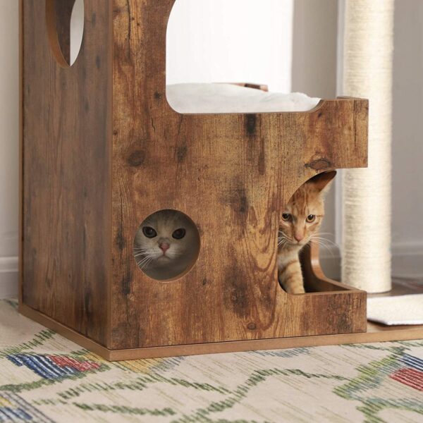 FEANDREA Ansamblu de joaca pentru pisici, tip mobilier, MDF, cu 3 culcusuri si ascunzatoare, 66x40x86cm, maro rustic - imagine 12