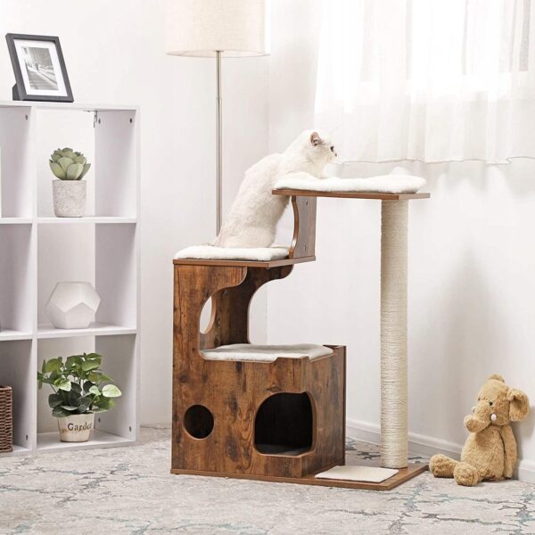 FEANDREA Ansamblu de joaca pentru pisici, tip mobilier, MDF, cu 3 culcusuri si ascunzatoare, 66x40x86cm, maro rustic - imagine 13