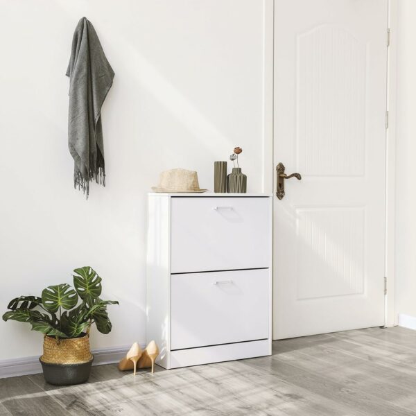 VASAGLE Dulap pantofi cu 2 usi rabatabile, din MDF, pentru 8-12 perechi, 60x24x84cm, alb - imagine 2