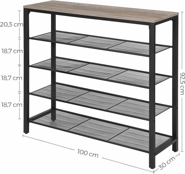 VASAGLE Raft de pantofi metalic, cu 4 nivele plus polita superioara, stil industrial, 100x30x93cm, gri si negru - imagine 4