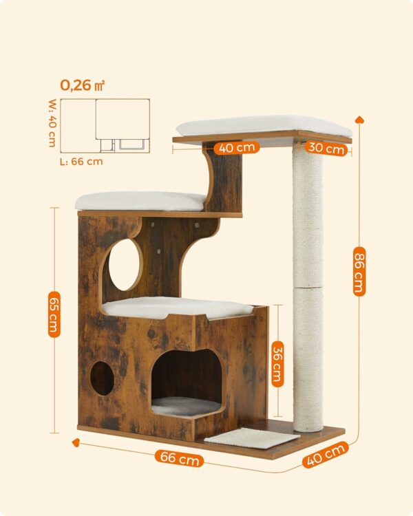 FEANDREA Ansamblu de joaca pentru pisici, tip mobilier, MDF, cu 3 culcusuri si ascunzatoare, 66x40x86cm, maro rustic - imagine 7