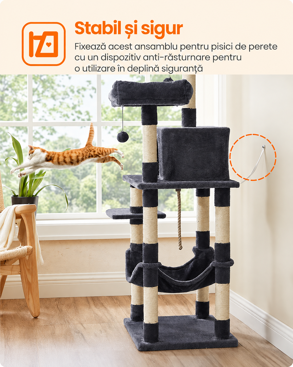 FEANDREA Ansamblu de joaca pentru pisici, tip copac, cu 3 culcusuri si ascunzatoare, 55x45x143cm, gri inchis - imagine 3