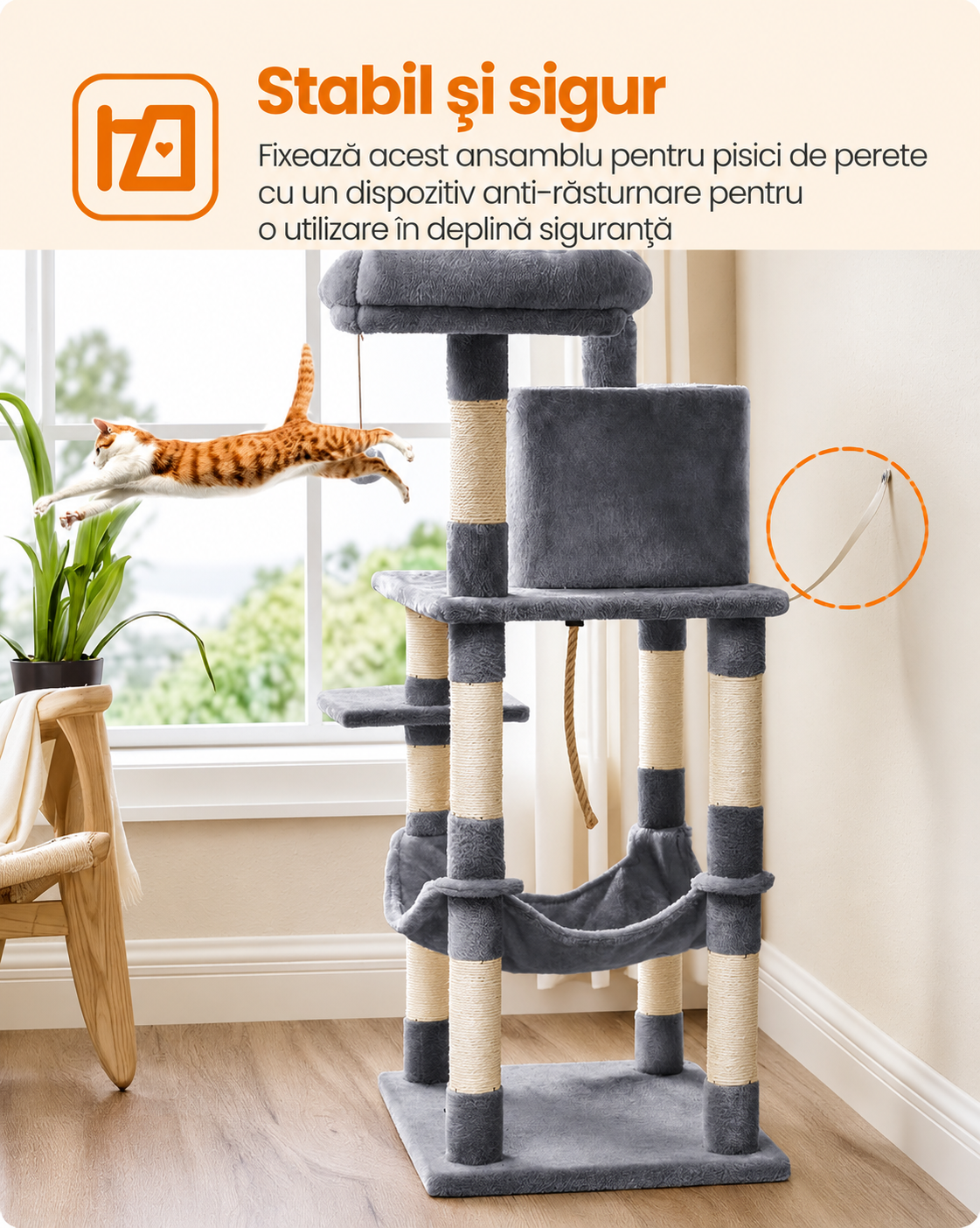 FEANDREA Ansamblu de joaca pentru pisici, tip copac, cu 3 culcusuri si ascunzatoare, 55x45x143cm, gri deschis - imagine 7