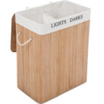 RESIGILAT: SONGMICS Cos de rufe din bambus cu capac, 2 compartimente, sac detasabil, volum 100L, 52x32x62cm, maro
