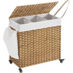 SONGMICS Cos de rufe tesut manual, cu captuseala detasabila lavabila, 3 compartimente, stil ratan, 140 litri, 66x33x60 cm, maro