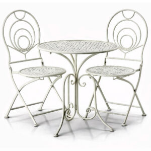 Set mobilier gradina metalic Linda, masa 70×75 cm si 2 scaune 43x40x94 cm, stil vintage, alb mat