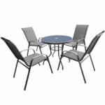 RESIGILAT: Set mobilier gradina, masa rotunda cu blat sticla securizata, 4 scaune metalice fixe, gri