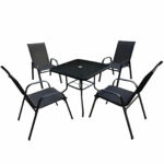 Set mobilier gradina, masa patrata cu blat sticla securizata, 4 scaune metalice fixe, negru