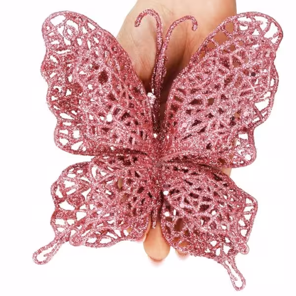 Set 10 ornamente pentru bradul de Craciun, Fluture cu sclipici, 16cm, roz - imagine 2