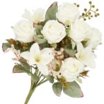 Buchet de flori artificiale din poliester, 9 fire trandafiri si crini, 37cm, alb