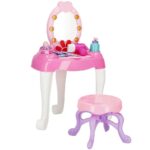 Masa toaleta pentru copii, cu taburet, 19 accesorii joaca, din plastic, 37x20x60 cm, roz