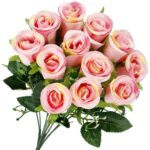 Buchet de flori artificiale din poliester, 12 fire trandafiri, 38cm, roz