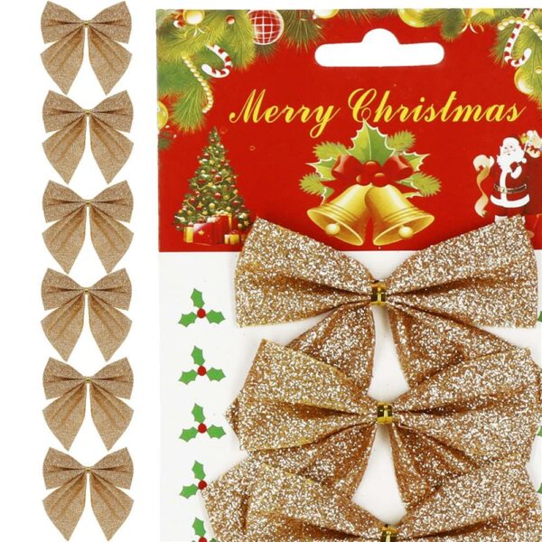 Set 6 ornamente pentru bradul de Craciun, fundita, 8cm, auriu - imagine 3
