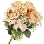 Buchet de flori artificiale din poliester, 9 fire trandafiri, 40cm, roz