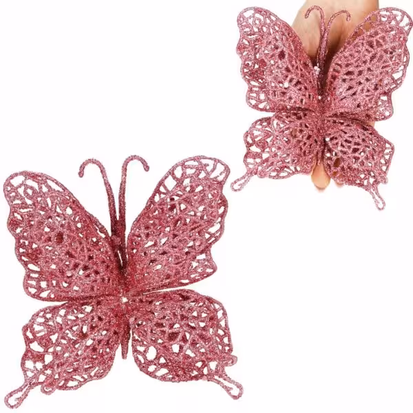 Set 10 ornamente pentru bradul de Craciun, Fluture cu sclipici, 16cm, roz - imagine 3
