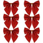 Set 6 ornamente pentru bradul de Craciun, fundita, 8cm, rosu cu sclipici
