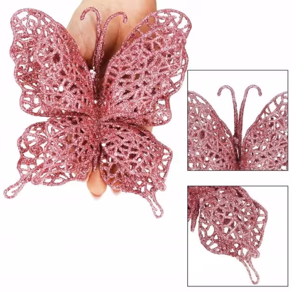 Set 10 ornamente pentru bradul de Craciun, Fluture cu sclipici, 16cm, roz - imagine 4