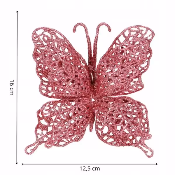 Set 10 ornamente pentru bradul de Craciun, Fluture cu sclipici, 16cm, roz - imagine 6