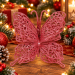 Set 10 ornamente pentru bradul de Craciun, Fluture cu sclipici, 13 cm, roz