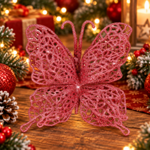 Set 10 ornamente pentru bradul de Craciun, Fluture cu sclipici, 13 cm, roz