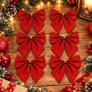Set 6 ornamente pentru bradul de Craciun, fundita, 8 cm, rosu cu sclipici