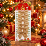 Set 6 ornamente pentru bradul de Craciun, fundita, 8 cm, auriu