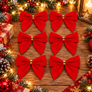 Set 6 ornamente pentru bradul de Craciun, fundita, 8 cm, rosu
