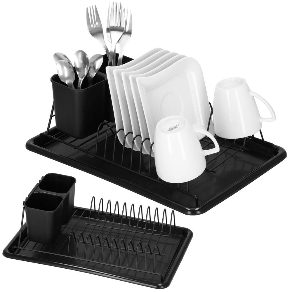 Uscator de vase metalic cu tava detasabila si suport tacamuri, 38x24x13 cm, negru - imagine 2