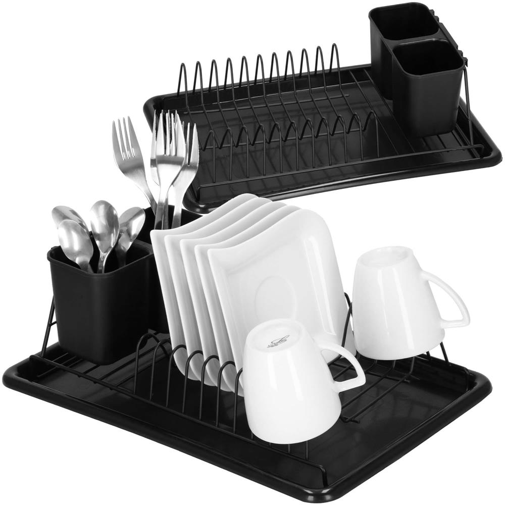 Uscator de vase metalic cu tava detasabila si suport tacamuri, 38x24x13 cm, negru - imagine 4