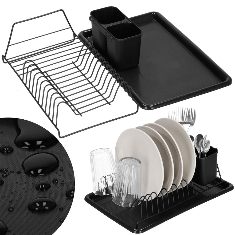 Uscator de vase metalic cu tava detasabila si suport tacamuri, 38x24x13 cm, negru - imagine 5