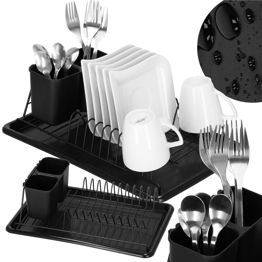 Uscator de vase metalic cu tava detasabila si suport tacamuri, 38x24x13 cm, negru - imagine 6