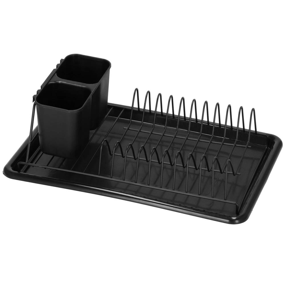 Uscator de vase metalic cu tava detasabila si suport tacamuri, 38x24x13 cm, negru