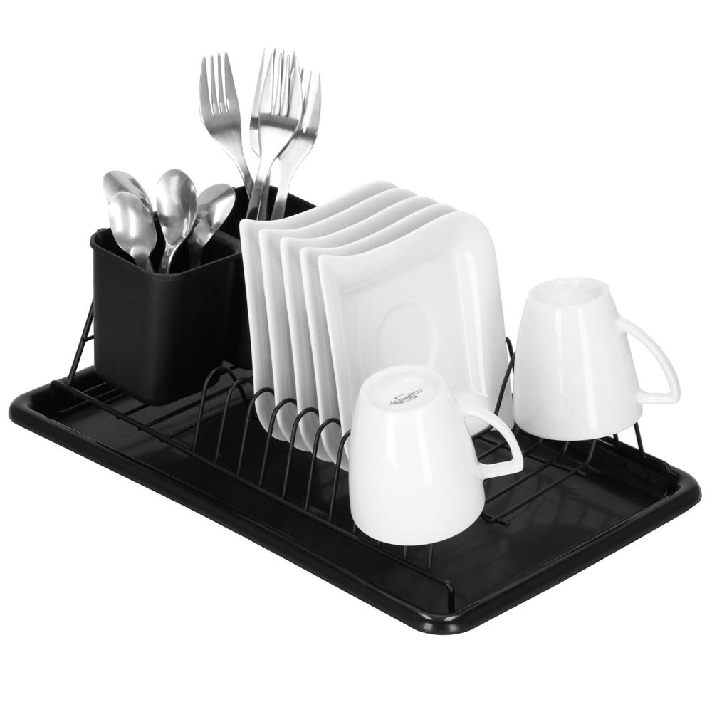 Uscator de vase metalic cu tava detasabila si suport tacamuri, 38x24x13 cm, negru - imagine 7