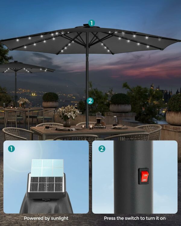 SONGMICS Umbrela de gradina, iluminare LED solara, cu manivela pentru deschidere, sistem inclinare, 300cm, gri - imagine 4