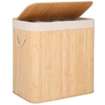 Cos de rufe din bambus, pliabil, cu captuseala detasabila lavabila, 3 compartimente, 150L, 63x42x62cm, maro
