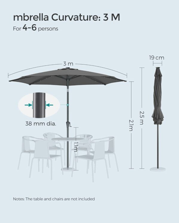 SONGMICS Umbrela de gradina, iluminare LED solara, cu manivela pentru deschidere, sistem inclinare, 300cm, gri - imagine 7