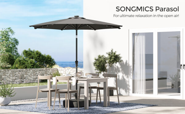 SONGMICS Umbrela de gradina, iluminare LED solara, cu manivela pentru deschidere, sistem inclinare, 300cm, gri - imagine 8
